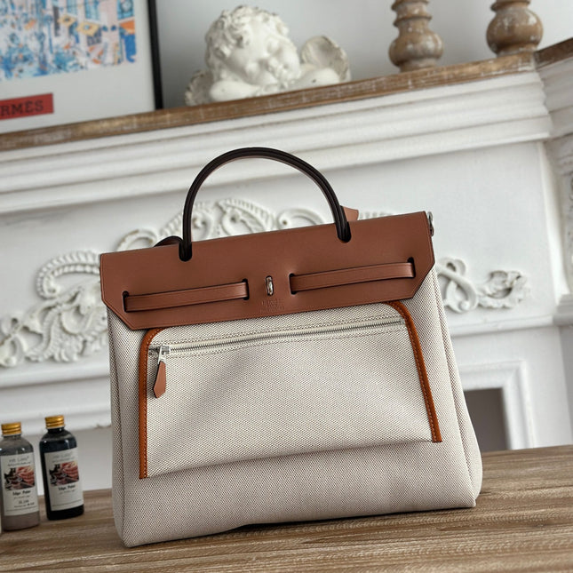 BOLSO HERBAG ZIP 31 RETOURNE BAG IN OFF-WHITE MIX BROWN H VIKING CANVAS AND COWHIDE