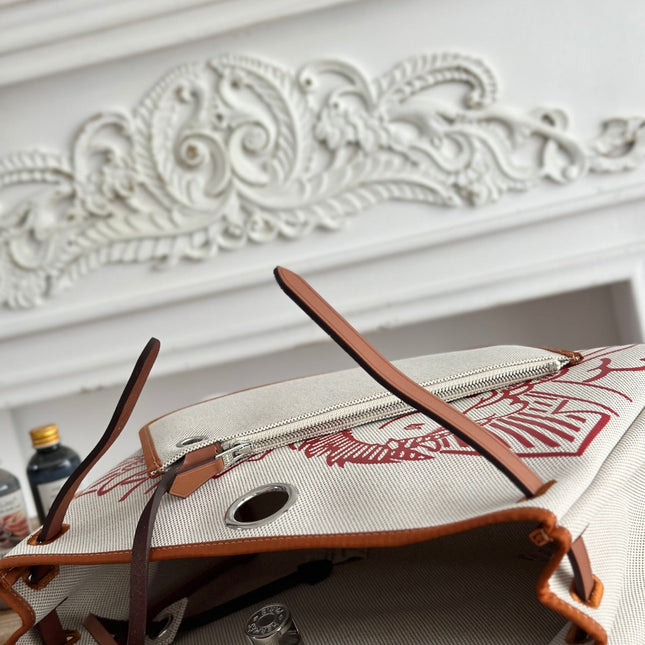 HERBAG ZIP 31 RETOURNE PEGASE POP BAG IN OFF-WHITE MIX RED CANVAS AND HUNTER COWHIDE