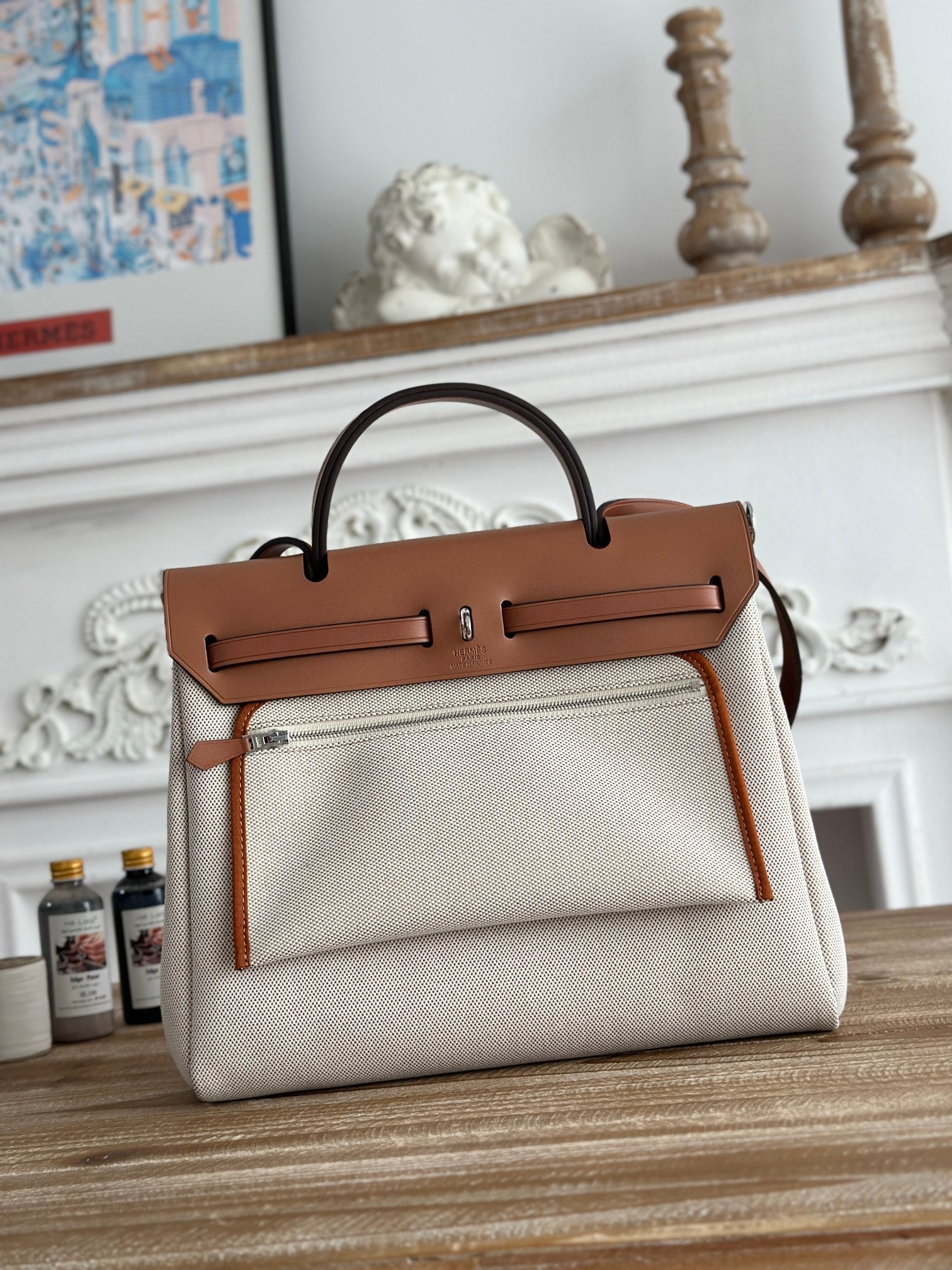 HERBAG ZIP 31 LAQUERED BAG IN OFF-WHITE MIX RED H PLUME CANVAS