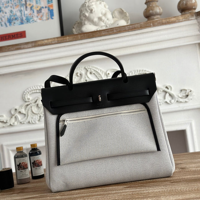 HERBAG ZIP 31 LAQUERED BAG IN OFF-WHITE MIX BLUE H PLUME CANVAS