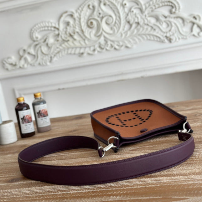 MINI NEO 17 EVELYNE BAG IN BRONZE BROWN CANVAS AND PLUM PURPLE CALFSKIN