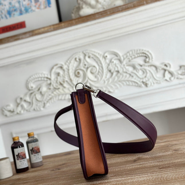 MINI NEO 17 EVELYNE BAG IN BRONZE BROWN CANVAS AND PLUM PURPLE CALFSKIN
