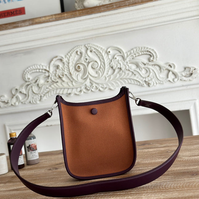 MINI NEO 17 EVELYNE BAG IN BRONZE BROWN CANVAS AND PLUM PURPLE CALFSKIN