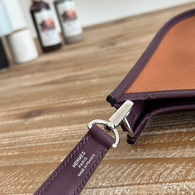 MINI NEO 17 EVELYNE BAG IN BRONZE BROWN CANVAS AND PLUM PURPLE CALFSKIN