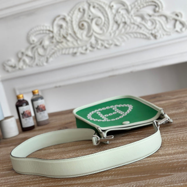 MINI NEO 17 EVELYNE BAG IN EMERALD GREEN CANVAS AND WHITE CALFSKIN