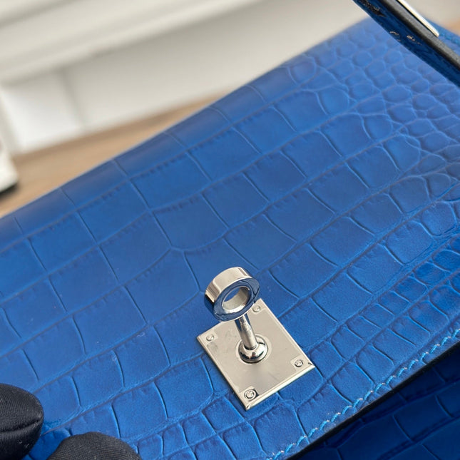 HM 25S KELLY MINI 22 CM IN COBALT BLUE LAMBSKIN WITH CROCODILE EMBOSSING AND SILVER HARDWARE
