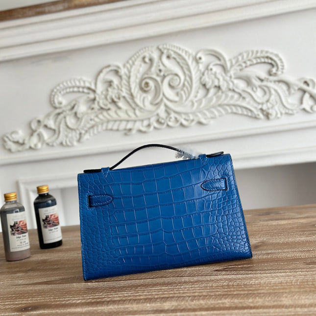 HM 25S KELLY MINI 22 CM IN COBALT BLUE LAMBSKIN WITH CROCODILE EMBOSSING AND SILVER HARDWARE