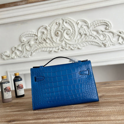 HM 26S KELLY MINI 22CM IN DARK BLUE CROC EMBOSSED CALFSKIN SILVER KELLY BUCKLE