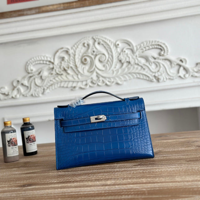 HM 25S KELLY MINI 22 CM IN COBALT BLUE LAMBSKIN WITH CROCODILE EMBOSSING AND SILVER HARDWARE