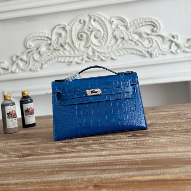 HM 26S KELLY MINI 22CM IN DARK BLUE CROC EMBOSSED CALFSKIN SILVER KELLY BUCKLE