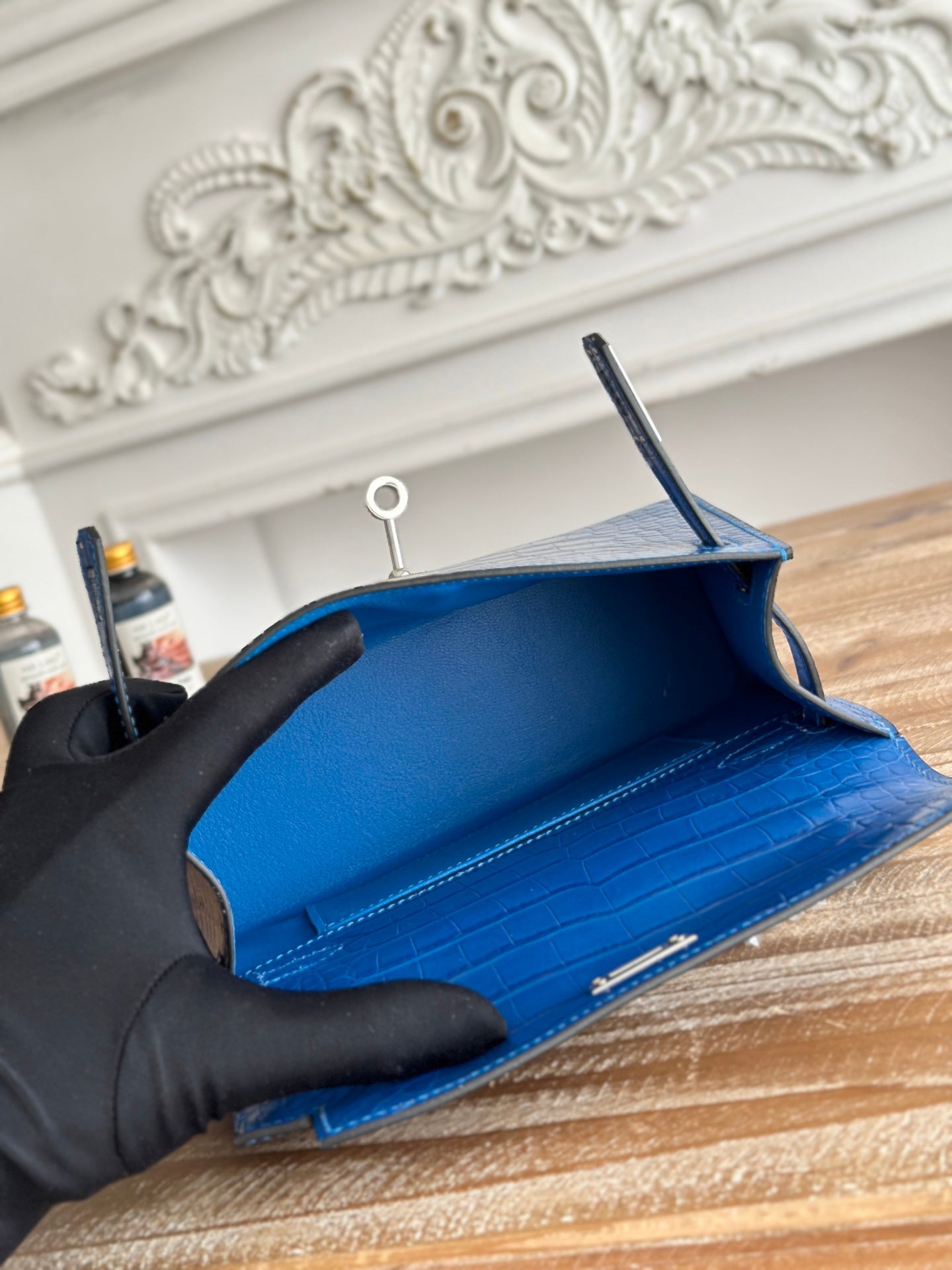 HM 25S KELLY MINI 22 CM IN COBALT BLUE LAMBSKIN WITH CROCODILE EMBOSSING AND SILVER HARDWARE