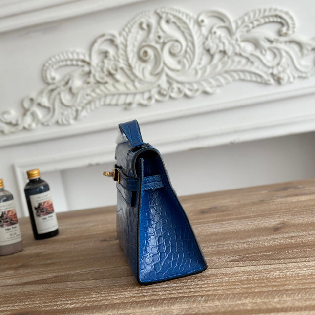 HM 25S KELLY MINI 22 CM IN COBALT BLUE LAMBSKIN WITH CROCODILE EMBOSSING AND GOLD HARDWARE
