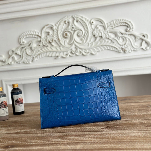 HM 25S KELLY MINI 22 CM IN COBALT BLUE LAMBSKIN WITH CROCODILE EMBOSSING AND GOLD HARDWARE
