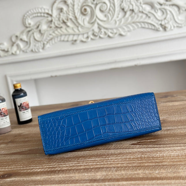HM 26S KELLY MINI 22CM IN DARK BLUE CROC EMBOSSED CALFSKIN GOLD KELLY BUCKLE