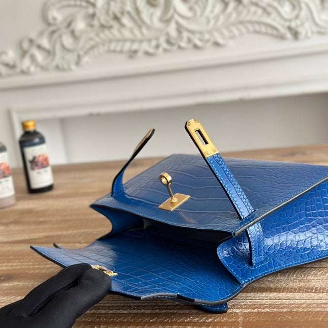 HM 26S KELLY MINI 22CM IN DARK BLUE CROC EMBOSSED CALFSKIN GOLD KELLY BUCKLE