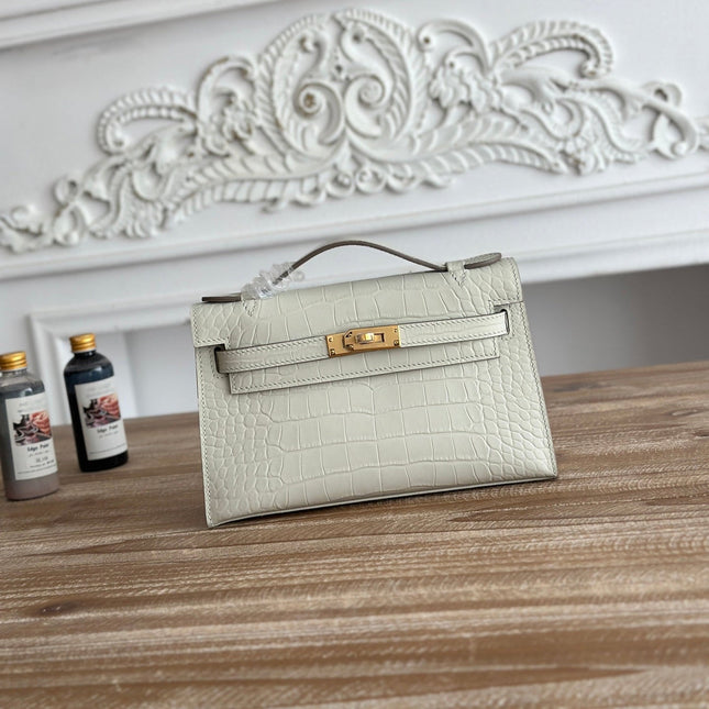 HM 26S KELLY MINI 22CM IN MILKY WHITE CROC EMBOSSED CALFSKIN GOLD KELLY BUCKLE