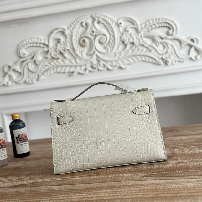 HM 26S KELLY MINI 22CM IN MILKY WHITE CROC EMBOSSED CALFSKIN GOLD KELLY BUCKLE