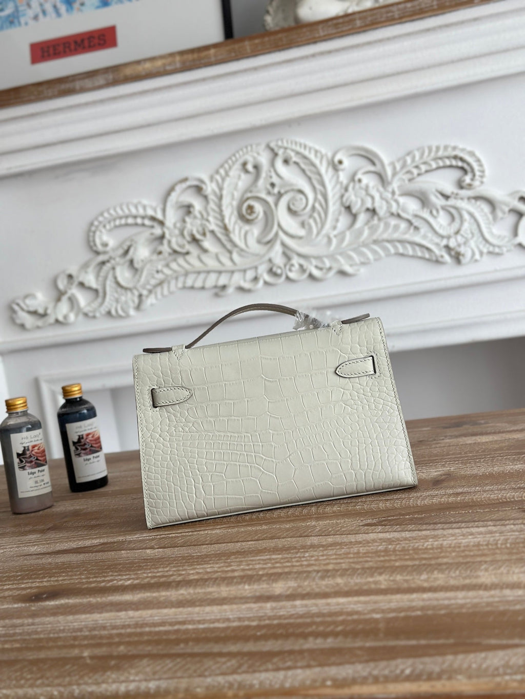HM 25S KELLY MINI 22 CM IN CREAM WHITE LAMBSKIN WITH CROCODILE EMBOSSING AND SILVER HARDWARE