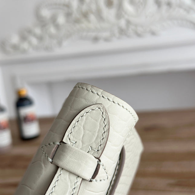 HM 25S KELLY MINI 22 CM IN CREAM WHITE LAMBSKIN WITH CROCODILE EMBOSSING AND SILVER HARDWARE