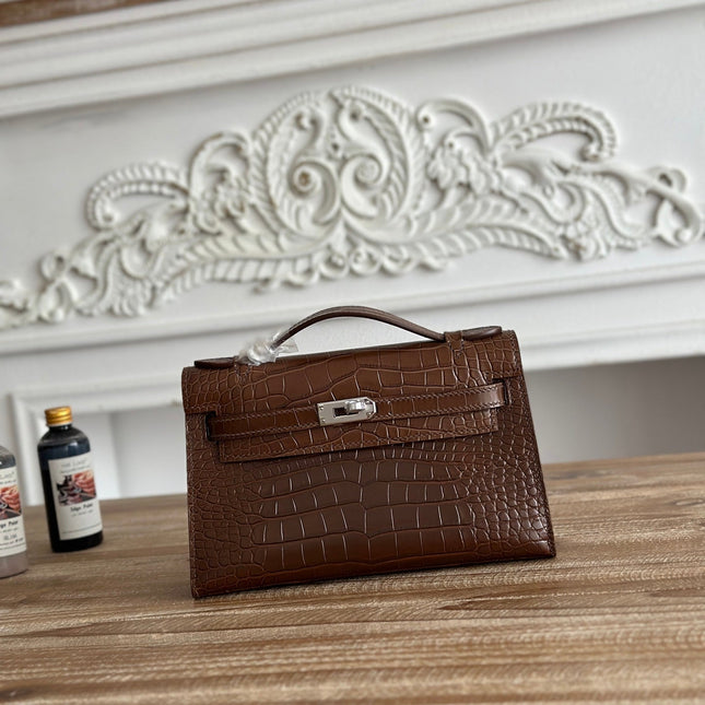 HM 25S KELLY MINI 22 CM IN BROWN LAMBSKIN WITH CROCODILE EMBOSSING AND SILVER HARDWARE
