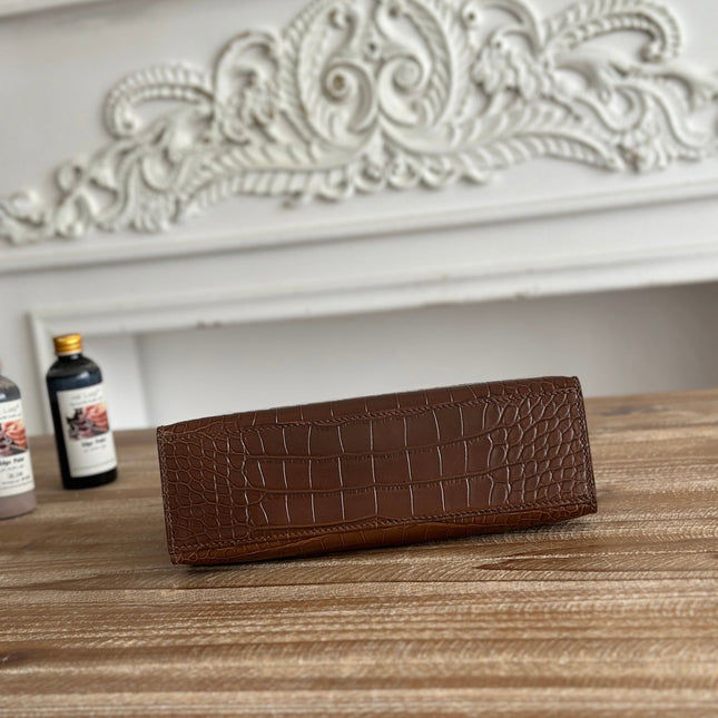 HM 26S KELLY MINI 22CM IN DARK BROWN CROC EMBOSSED CALFSKIN SILVER KELLY BUCKLE