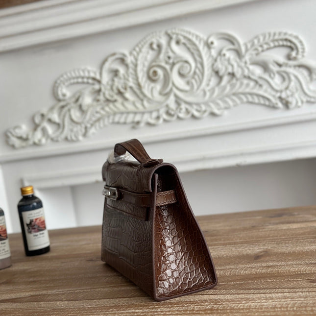 HM 25S KELLY MINI 22 CM IN BROWN LAMBSKIN WITH CROCODILE EMBOSSING AND SILVER HARDWARE
