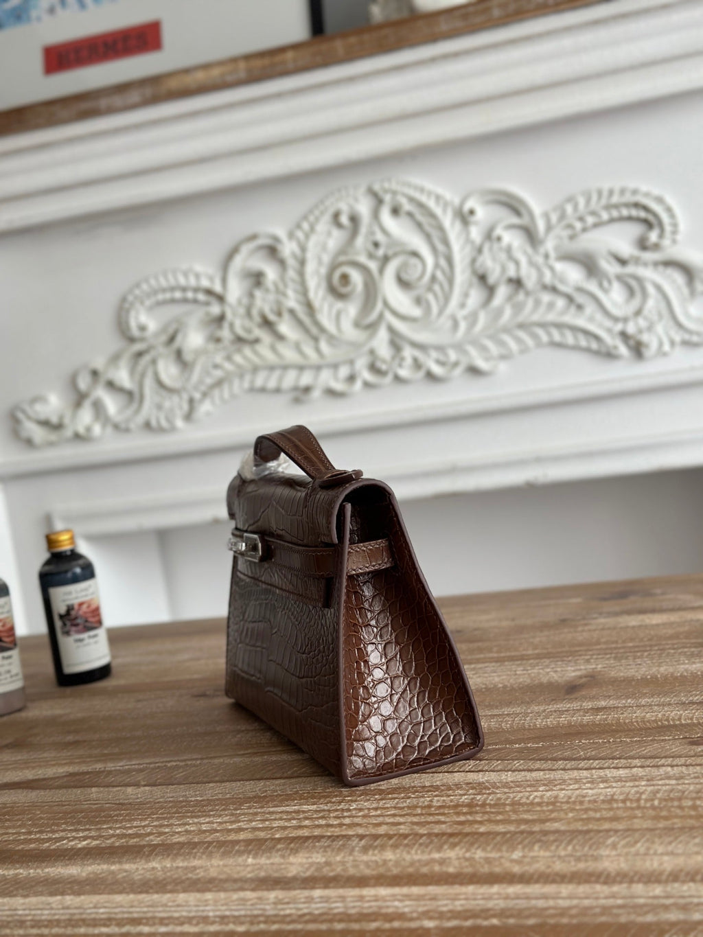 HM 25S KELLY MINI 22 CM IN BROWN LAMBSKIN WITH CROCODILE EMBOSSING AND SILVER HARDWARE