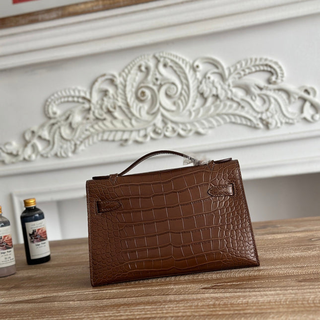 HM 25S KELLY MINI 22 CM IN BROWN LAMBSKIN WITH CROCODILE EMBOSSING AND SILVER HARDWARE