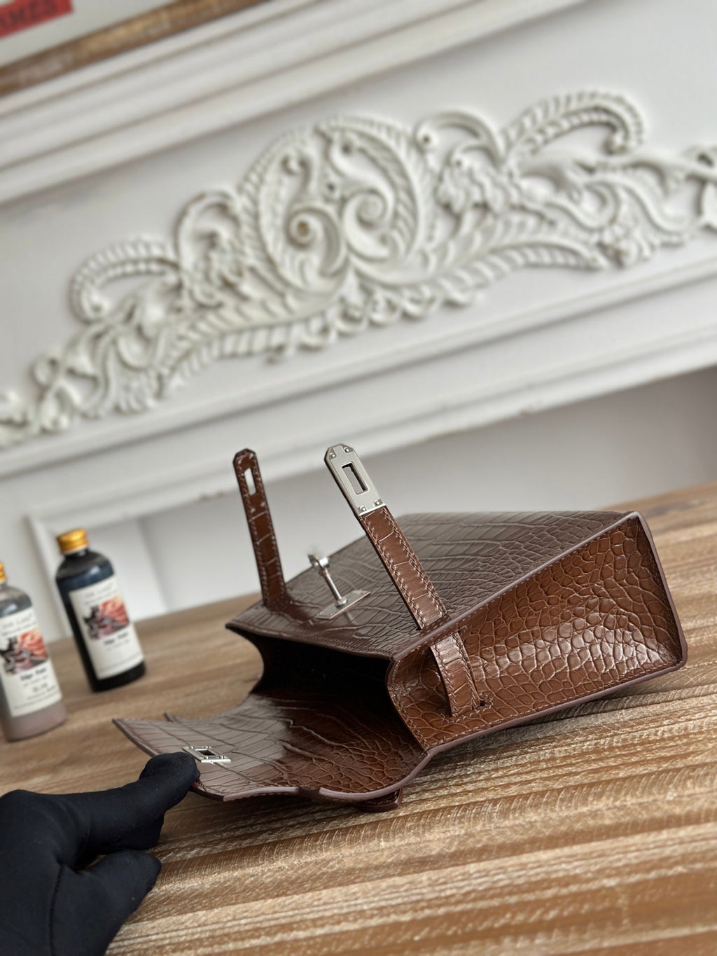 HM 25S KELLY MINI 22 CM IN BROWN LAMBSKIN WITH CROCODILE EMBOSSING AND SILVER HARDWARE