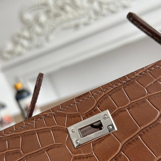 HM 25S KELLY MINI 22 CM IN BROWN LAMBSKIN WITH CROCODILE EMBOSSING AND SILVER HARDWARE