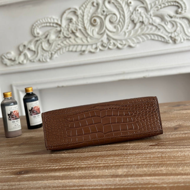 HM 25S KELLY MINI 22 CM IN BROWN LAMBSKIN WITH CROCODILE EMBOSSING AND GOLD HARDWARE