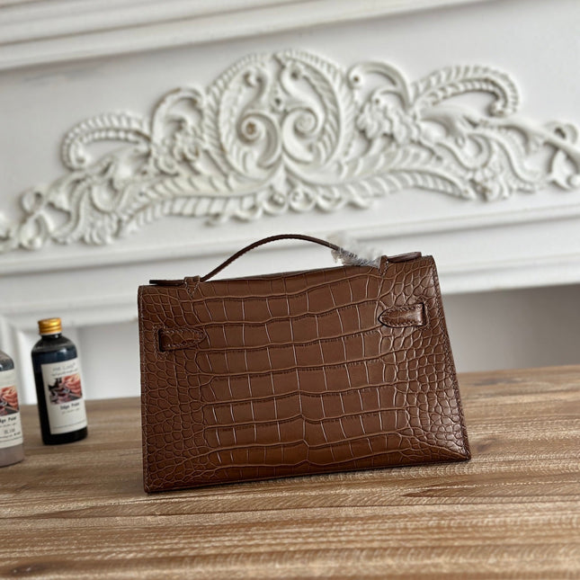 HM 26S KELLY MINI 22CM IN DARK BROWN CROC EMBOSSED CALFSKIN GOLD KELLY BUCKLE