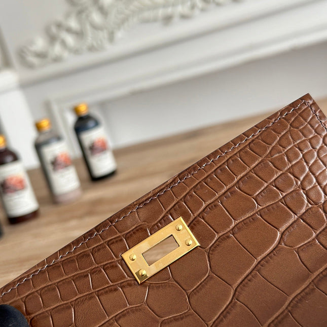 HM 25S KELLY MINI 22 CM IN BROWN LAMBSKIN WITH CROCODILE EMBOSSING AND GOLD HARDWARE