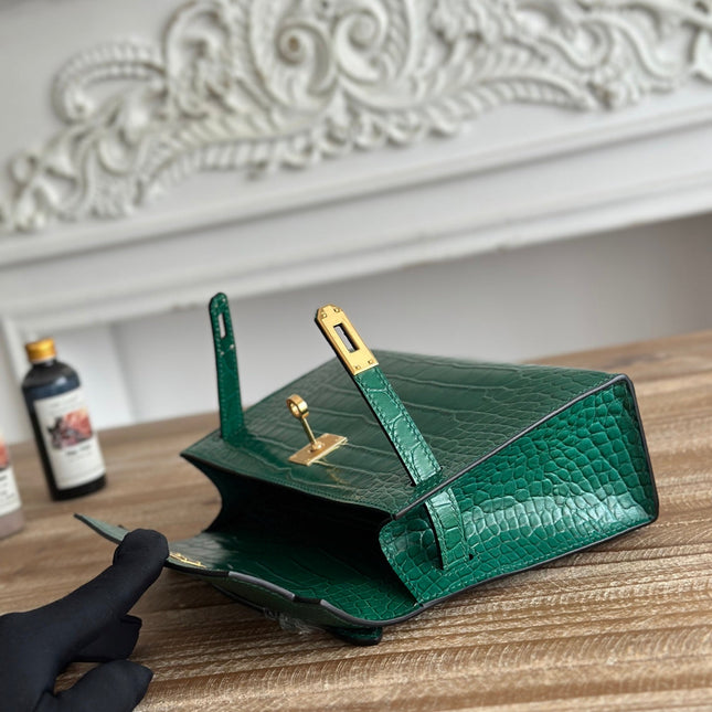 HM 26S KELLY MINI 22CM IN DARK GREEN CROC EMBOSSED CALFSKIN GOLD KELLY BUCKLE