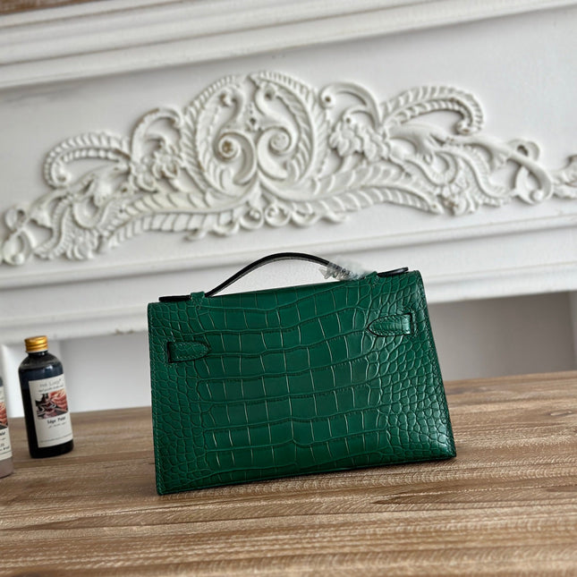 HM 26S KELLY MINI 22CM IN DARK GREEN CROC EMBOSSED CALFSKIN GOLD KELLY BUCKLE