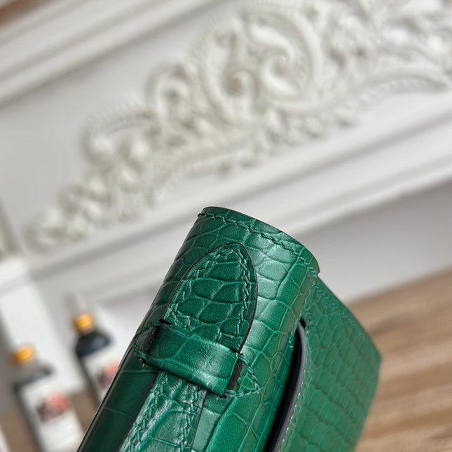 HM 26S KELLY MINI 22CM IN DARK GREEN CROC EMBOSSED CALFSKIN GOLD KELLY BUCKLE