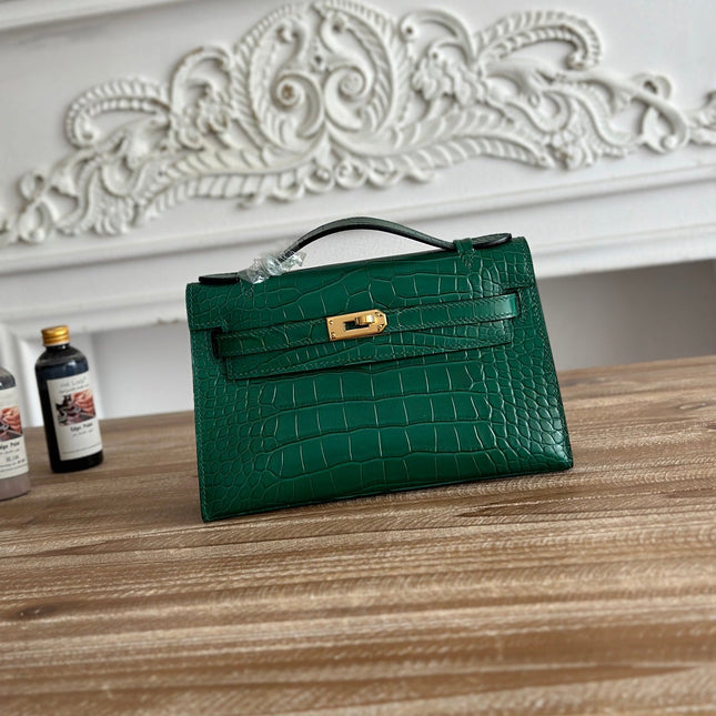 HM 26S KELLY MINI 22CM IN DARK GREEN CROC EMBOSSED CALFSKIN GOLD KELLY BUCKLE