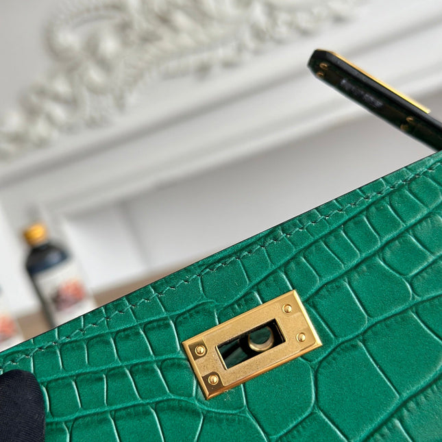HM 26S KELLY MINI 22CM IN DARK GREEN CROC EMBOSSED CALFSKIN GOLD KELLY BUCKLE