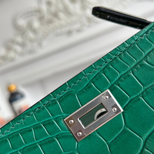HM 26S KELLY MINI 22CM IN DARK GREEN CROC EMBOSSED CALFSKIN SILVER KELLY BUCKLE