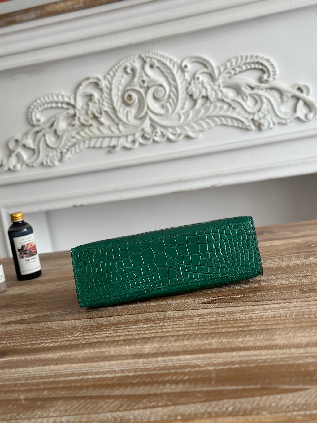 HM 25S KELLY MINI 22 CM IN DARK GREEN LAMBSKIN WITH CROCODILE EMBOSSING AND SILVER HARDWARE