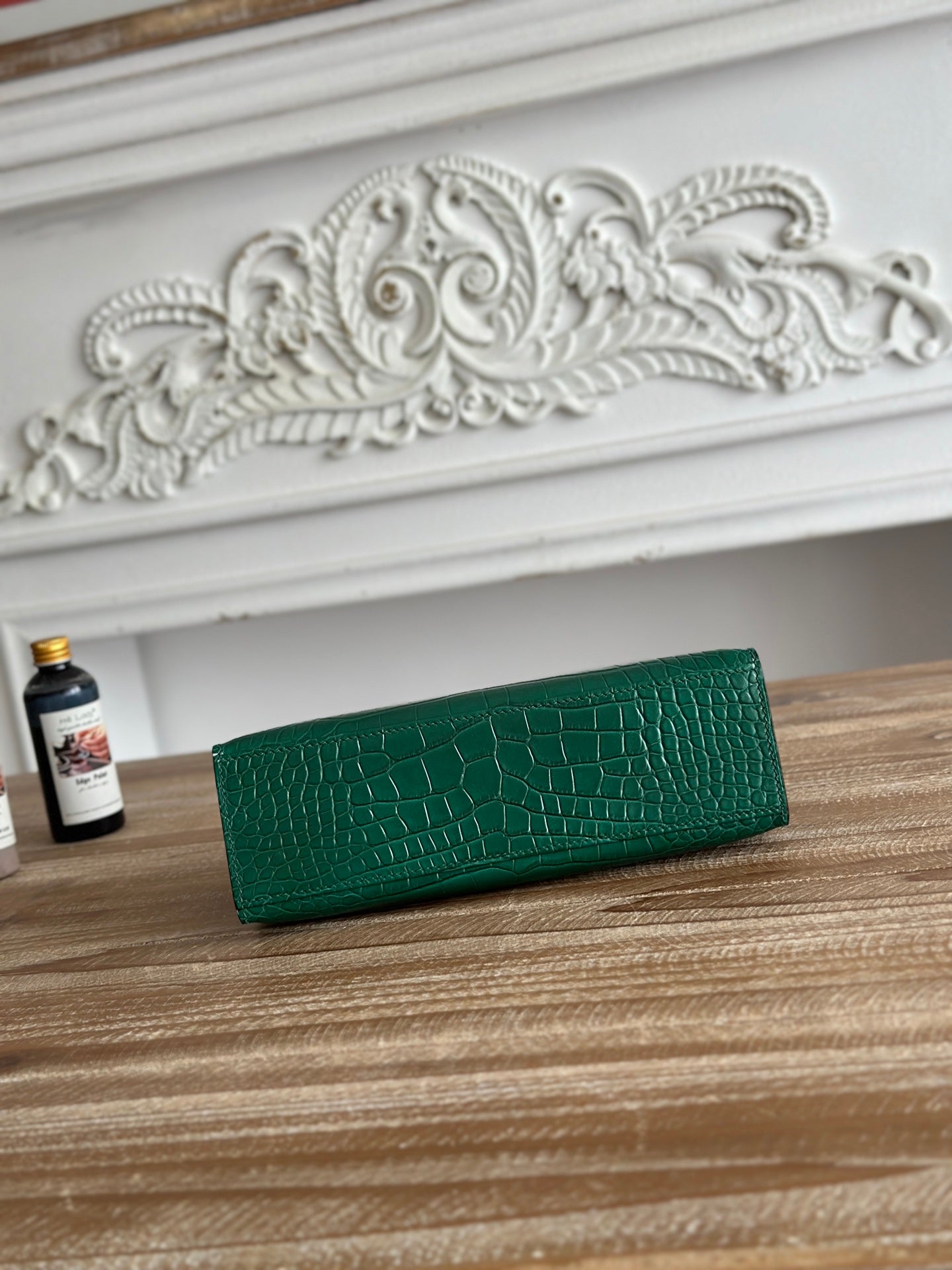 HM 25S KELLY MINI 22 CM IN DARK GREEN LAMBSKIN WITH CROCODILE EMBOSSING AND SILVER HARDWARE