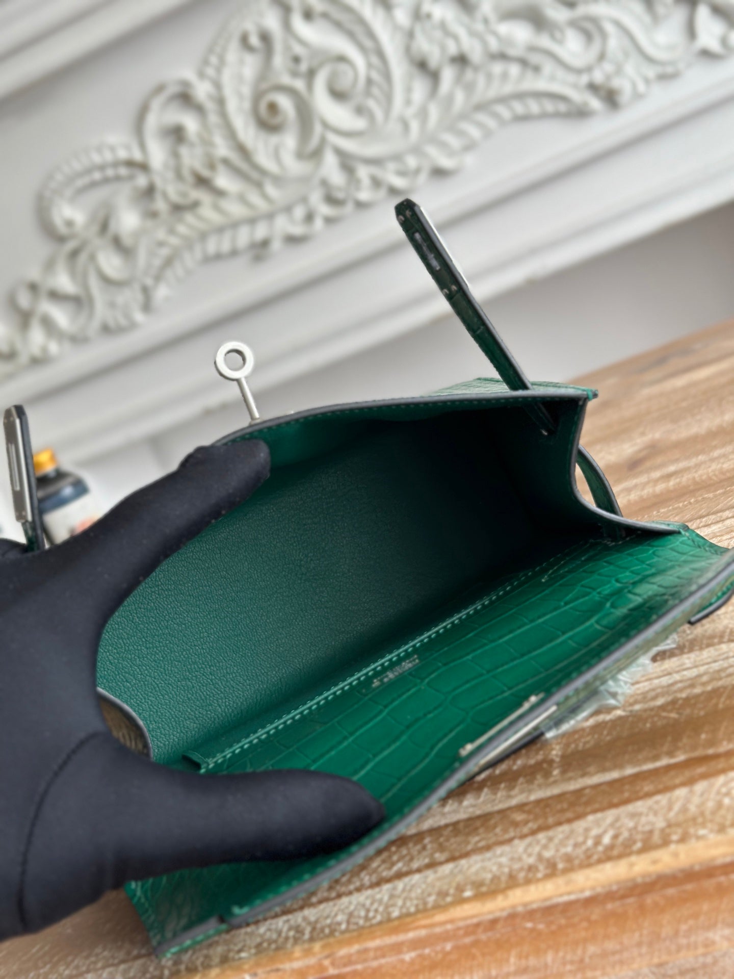 HM 25S KELLY MINI 22 CM IN DARK GREEN LAMBSKIN WITH CROCODILE EMBOSSING AND SILVER HARDWARE