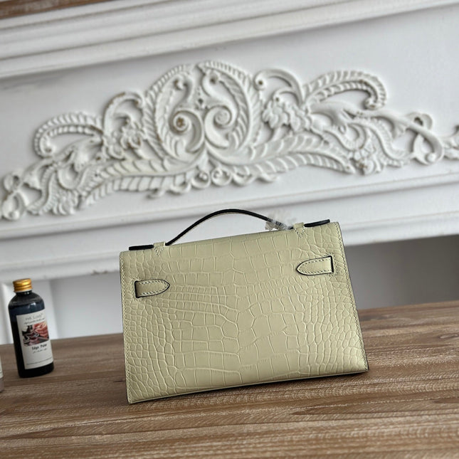 HM 25S KELLY MINI 22 CM IN LIGHT KHAKI LAMBSKIN WITH CROCODILE EMBOSSING AND SILVER HARDWARE