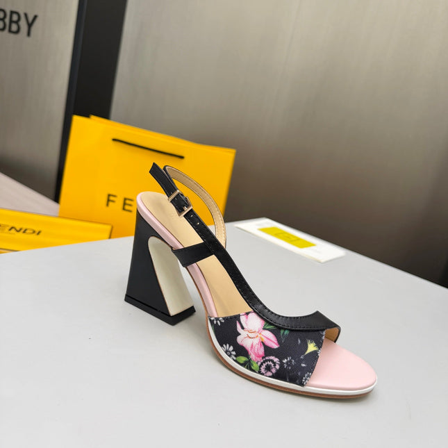 FENDI 26S SLINGBACK SANDALS IN BLACK CALFSKIN AND CANVAS