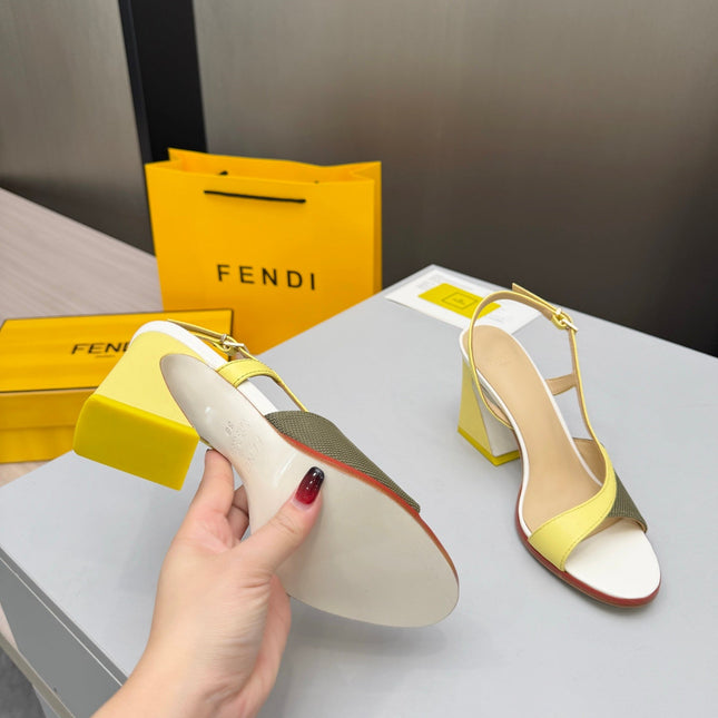 FENDI 26S SLINGBACK SANDALS IN YELLOW CALFSKIN AND GREEN CANVAS