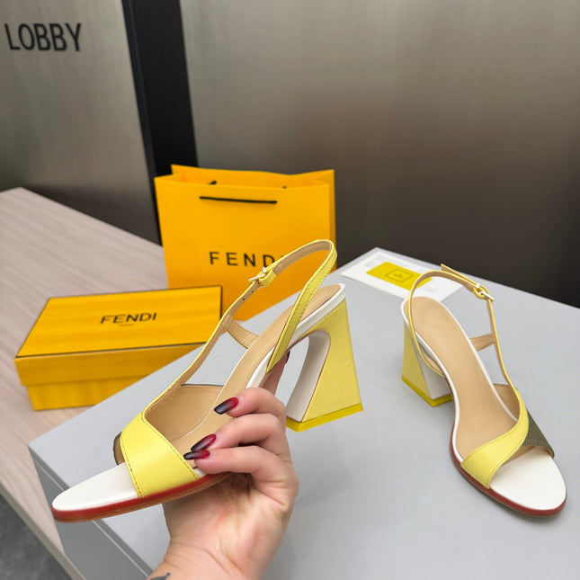 FENDI 26S SLINGBACK SANDALS IN YELLOW CALFSKIN AND GREEN CANVAS