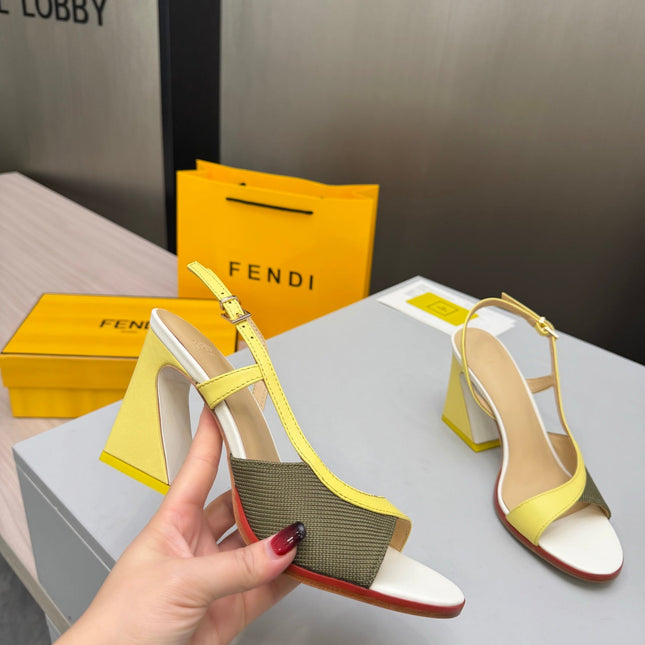 FENDI 26S SLINGBACK SANDALS IN YELLOW CALFSKIN AND GREEN CANVAS
