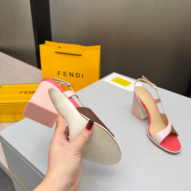 FENDI 26S SLINGBACK SANDALS IN LIGHT PINK CALFSKIN AND BROWN CANVAS