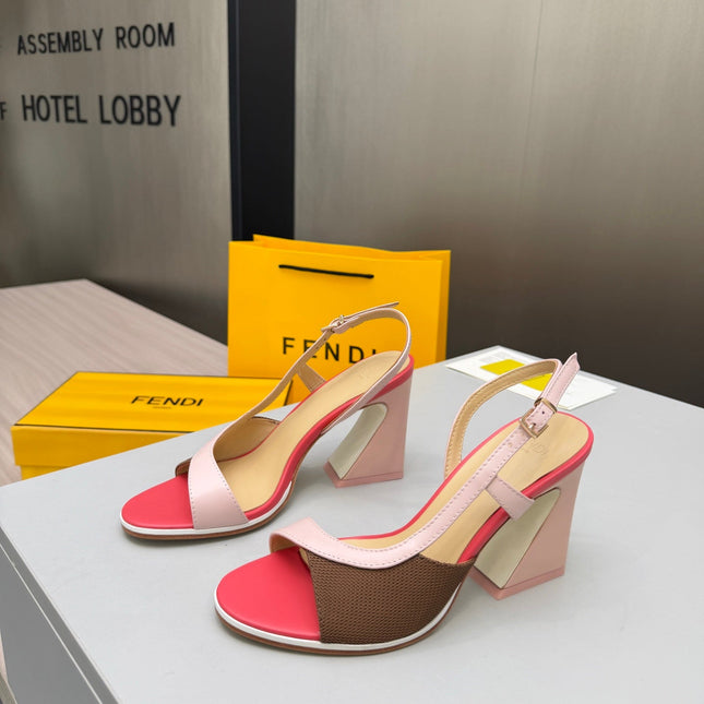 FENDI 26S SLINGBACK SANDALS IN LIGHT PINK CALFSKIN AND BROWN CANVAS