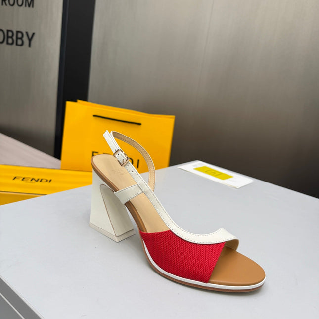 FENDI 26S SLINGBACK SANDALS IN WHITE CALFSKIN AND RED CANVAS
